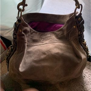 Coach brown leather suede large purse with chain details on handle/sides